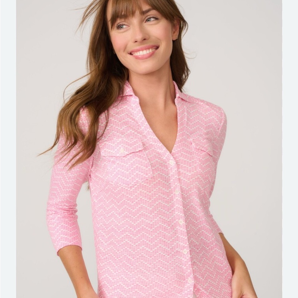J. McLaughlin Like New Brynn Linen Shirt March Zig Zag Geo Print Pink XL